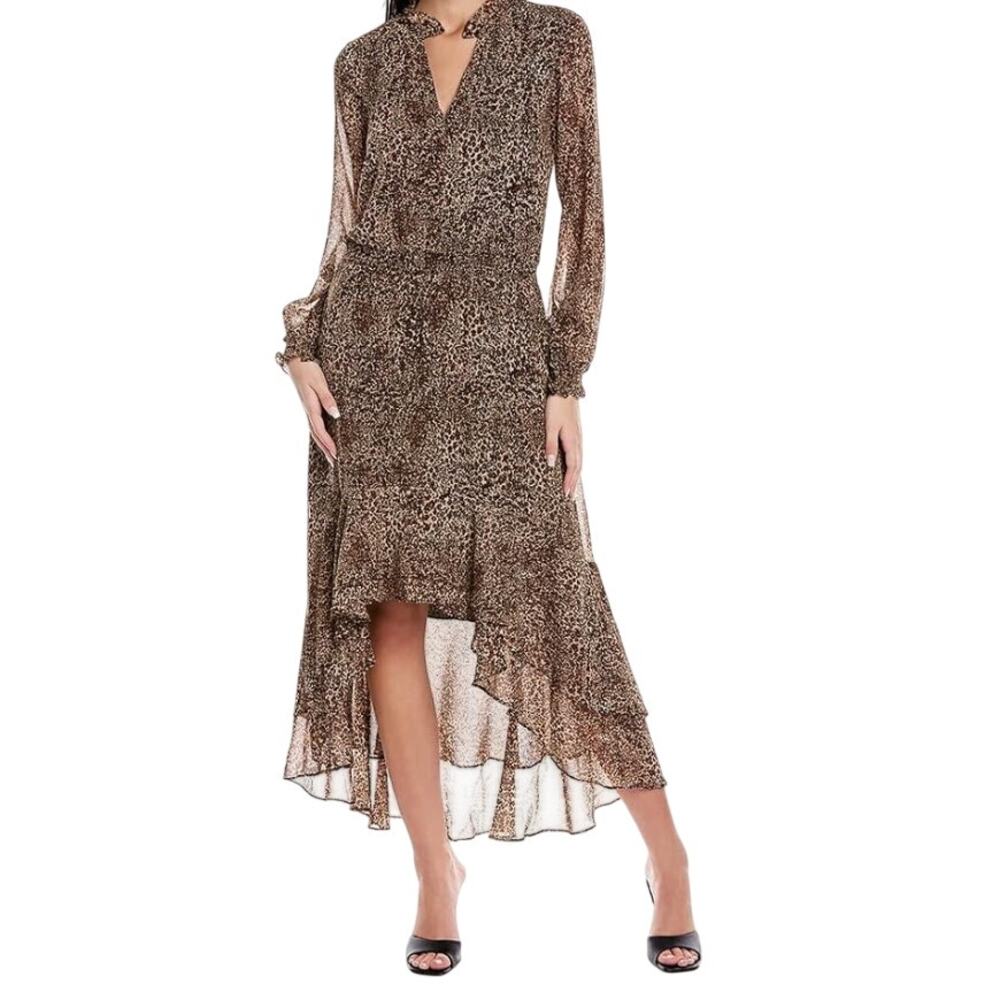 1.STATE Brown Metallic Ruffle Midi Dress Size S